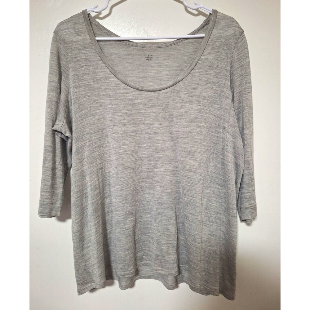Eileen Fisher Silk Cotton Top Large Gray Scoop Neck 3/4 Sleeve Knit Shirt